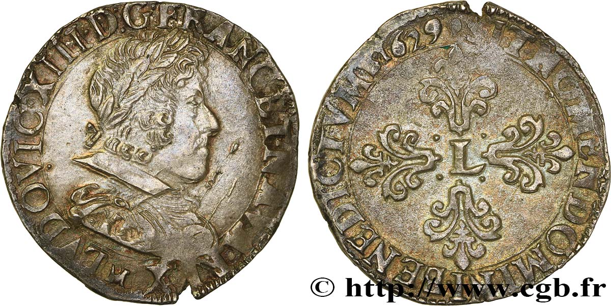 LOUIS XIII  Demi-franc au buste juvénile lauré au petit col plat 1629 Toulouse VZ