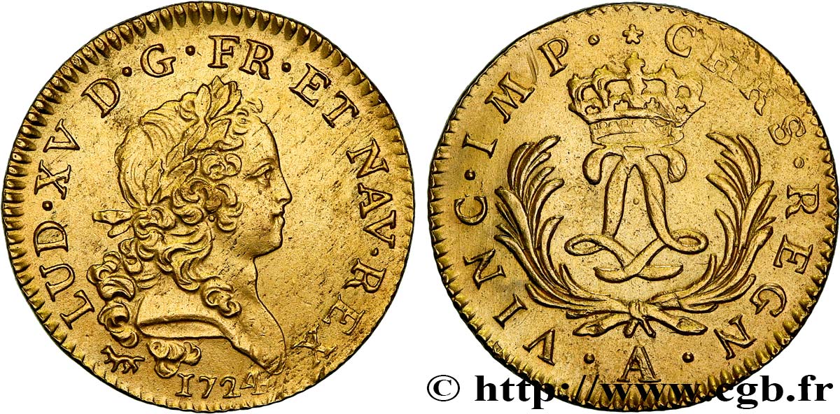 LOUIS XV THE BELOVED Louis d or aux deux L entrelacées et aux palmes longues 1724 Paris AU