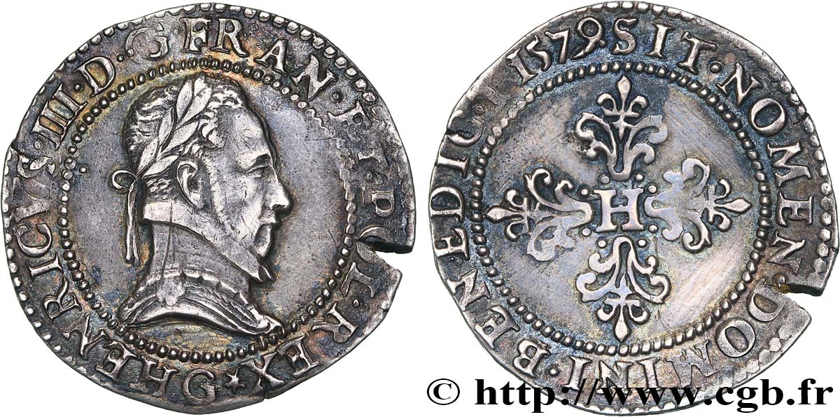 HENRY III Demi-franc au col plat 1579 Poitiers AU/AU