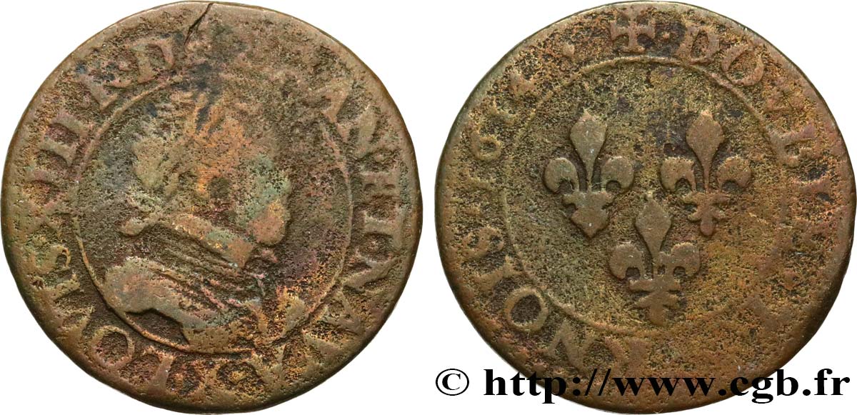 LOUIS XIII LE JUSTE Double tournois, type 1 1614 Amiens TB