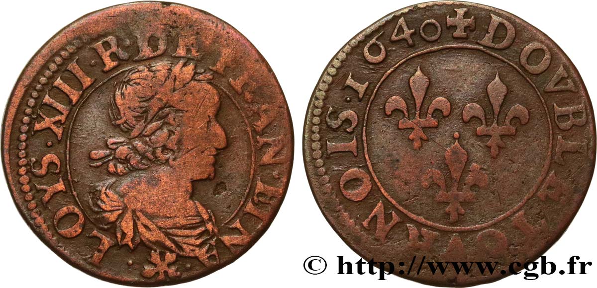 LOUIS XIII LE JUSTE Double tournois au grand buste viril drapé 1640 Rouen TB+