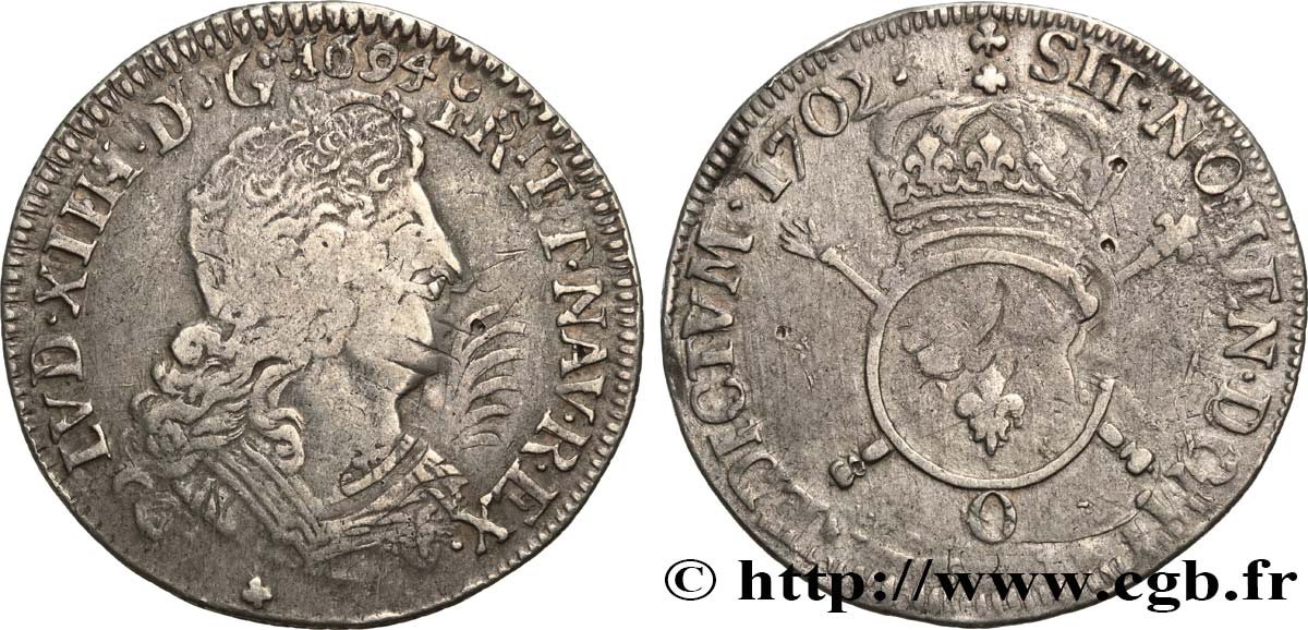 LOUIS XIV  THE SUN KING  Quart d écu aux insignes 1702 Riom MB