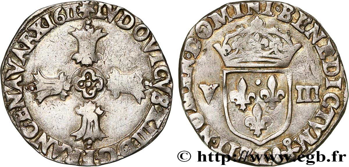 LOUIS XIII LE JUSTE Huitième d écu, à la croix fleuronnée, titulature côté croix 1611 Bayonne TTB