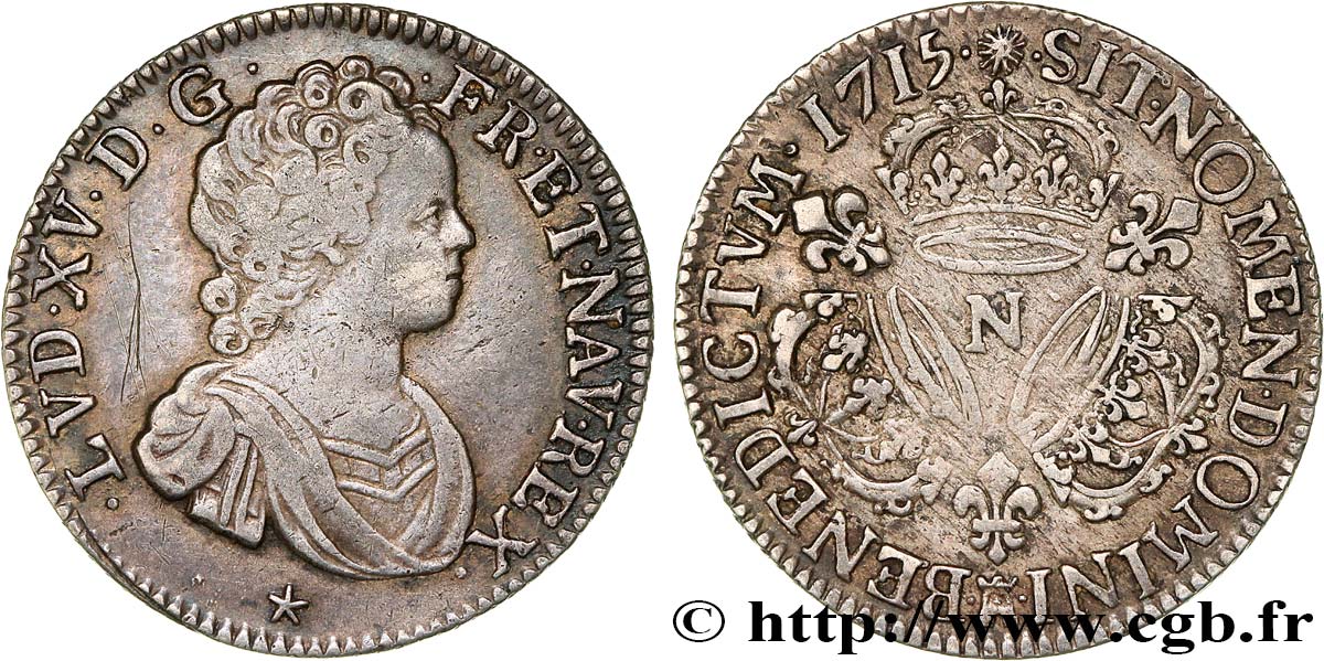LOUIS XV THE BELOVED Quart d écu aux trois couronnes 1715 Montpellier XF/AU