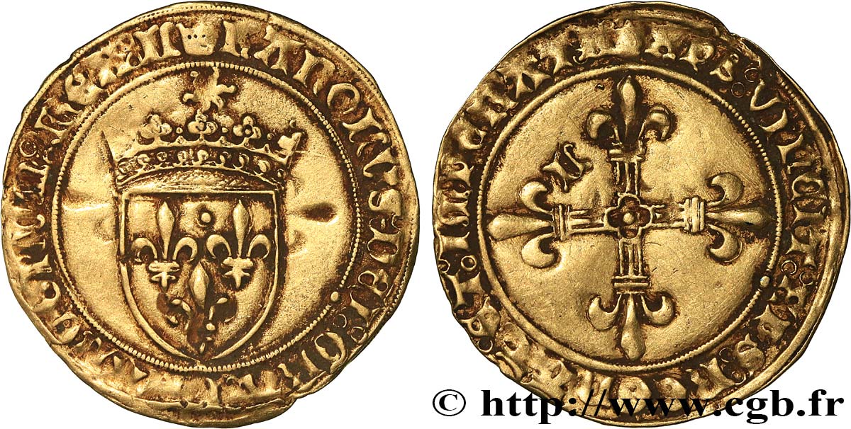 CHARLES VIII Écu d or au soleil, type spécial à la croix cantonnée de lettres n.d. Limoges TTB+