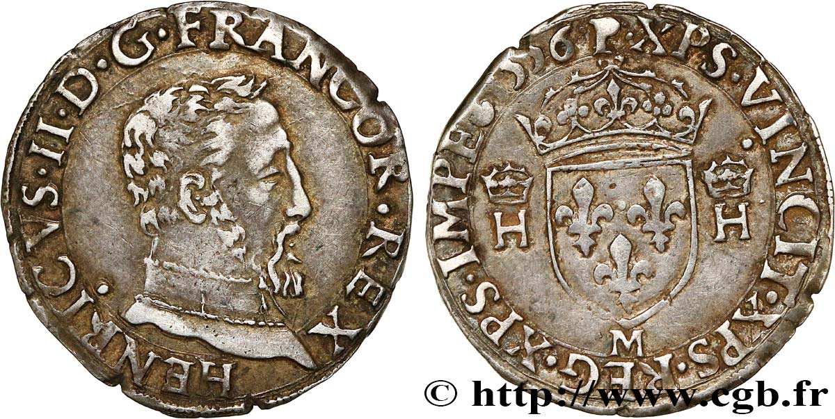 HENRY II Demi-teston à la tête nue, 5e type 1556 Toulouse AU