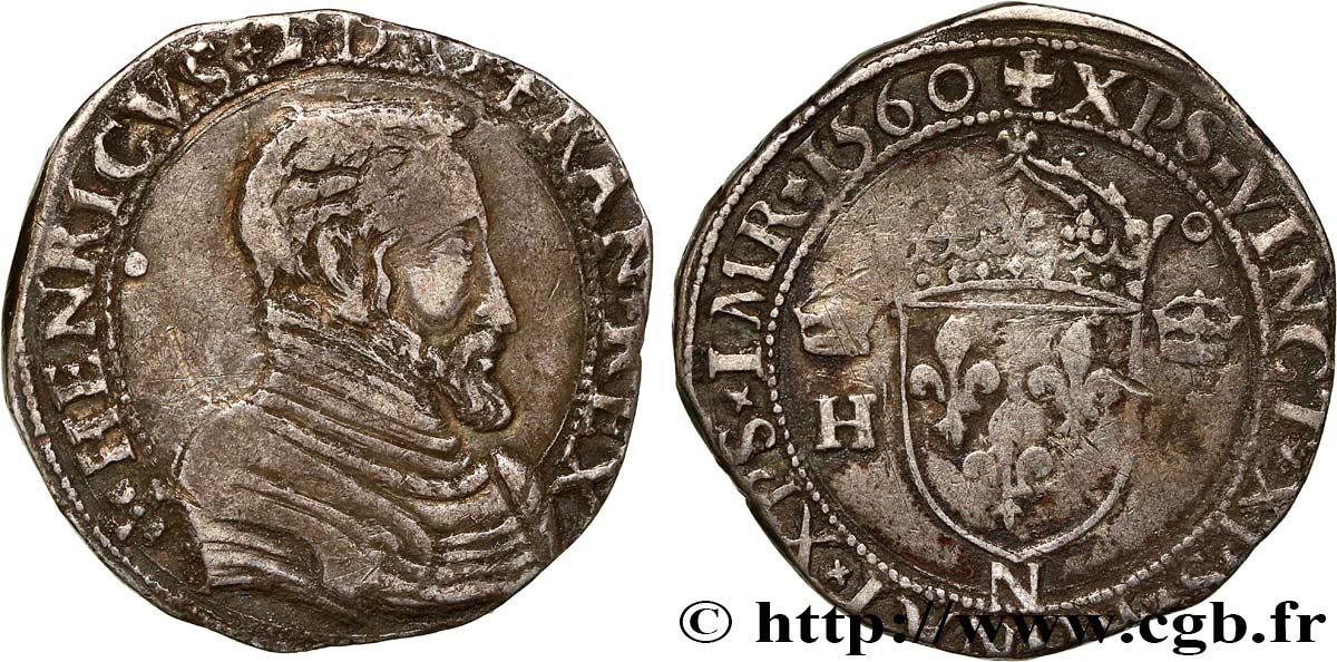 FRANCIS II. COINAGE IN THE NAME OF HENRY II Teston à la tête nue, 6e type 1560 Montpellier VF