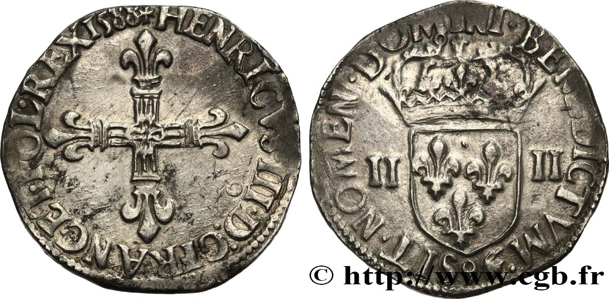 HENRI III Quart d écu, croix de face 1588 Rennes TB+