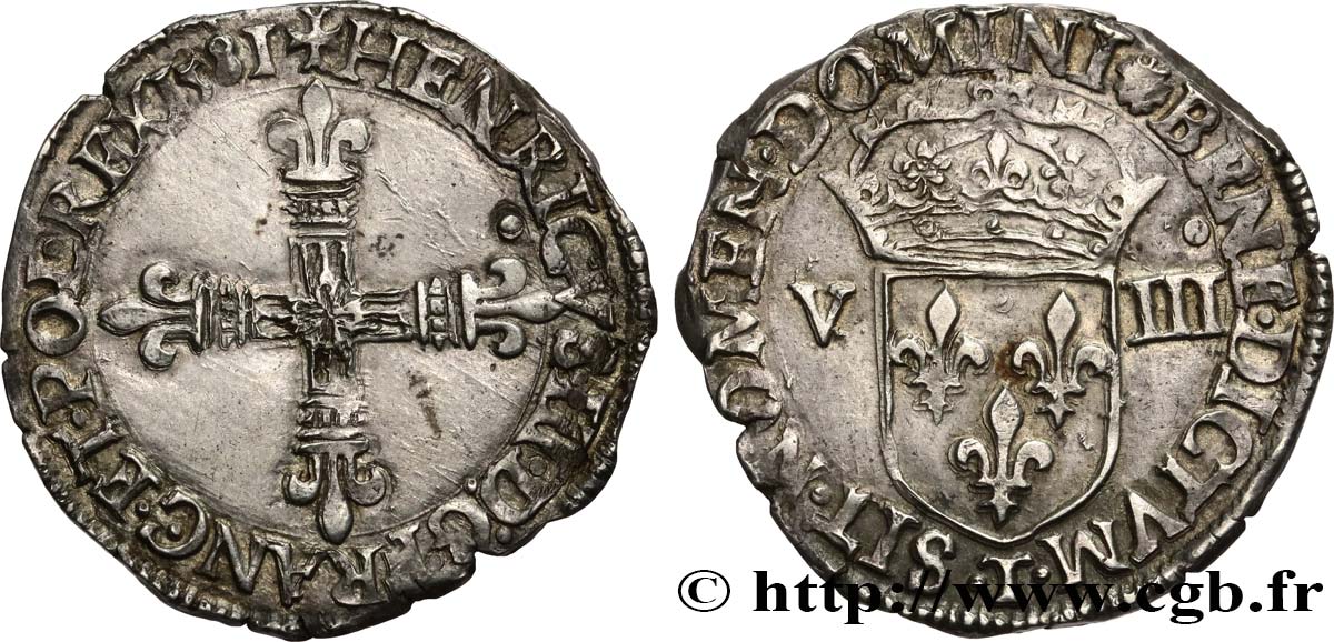 HENRI III Huitième d écu, croix de face 1581 Nantes SUP