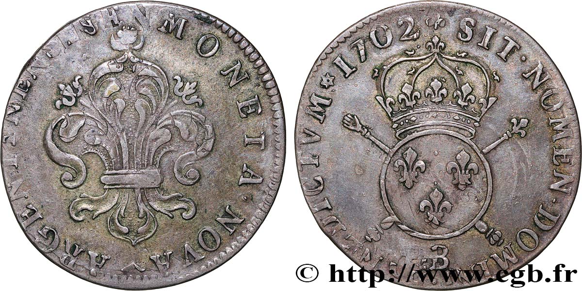 LOUIS XIV  THE SUN KING  34 sols 6 deniers d’Alsace aux insignes 1702 Strasbourg SS