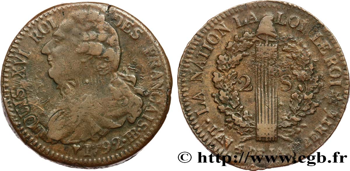 LOUIS XVI 2 sols dit  au faisceau , type FRANÇAIS, coins choqués 1792 Strasbourg VF/XF