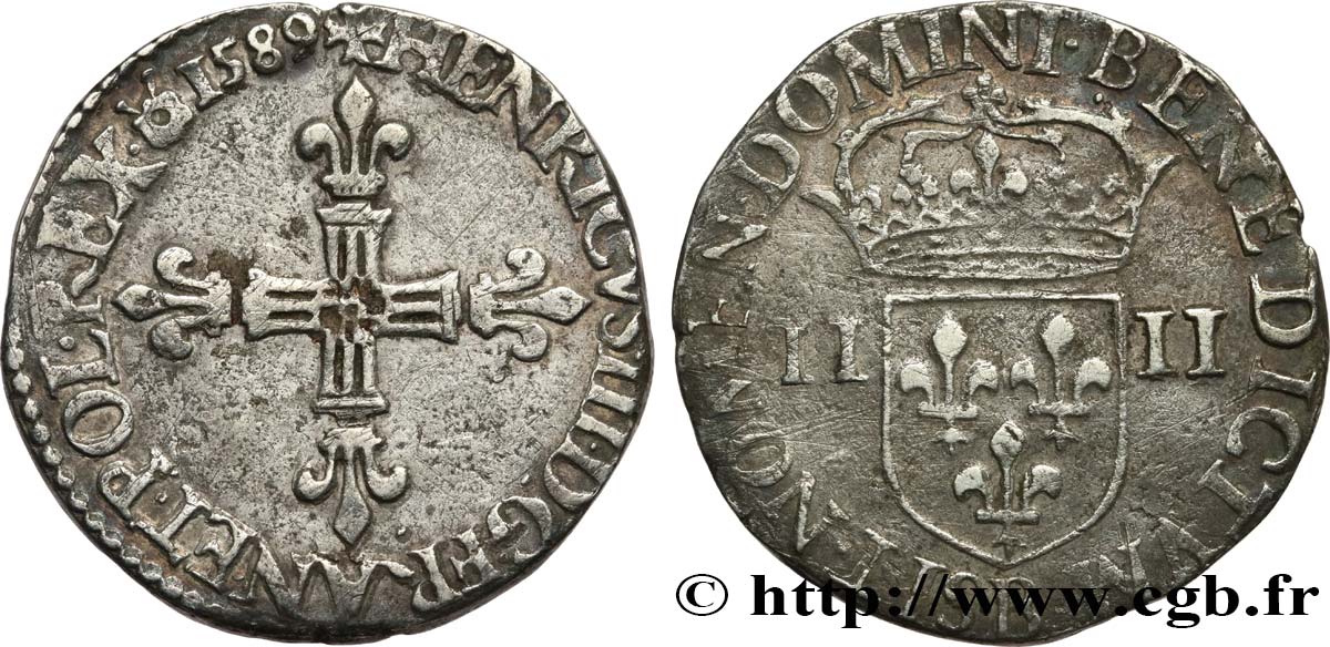 HENRY III Quart d écu, croix de face 1589 Rouen XF