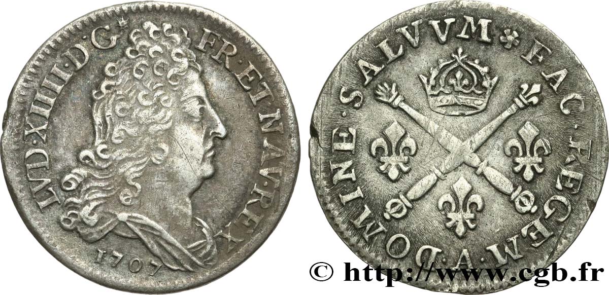 LOUIS XIV  THE SUN KING  10 sols aux insignes 1707 Paris XF