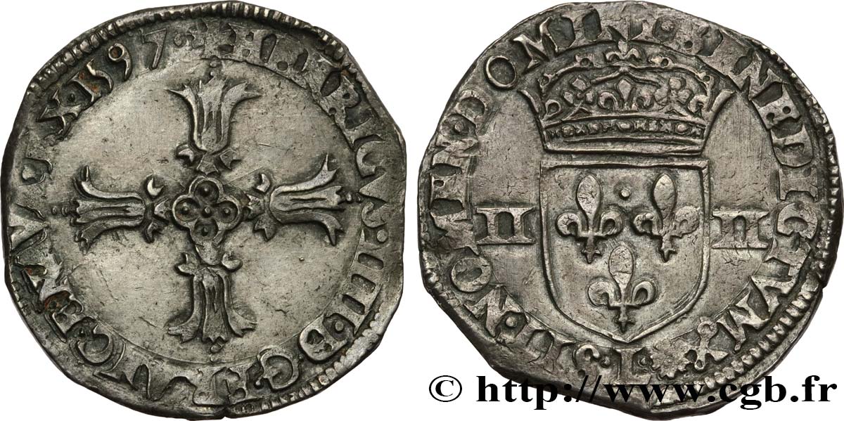 HENRY IV Quart d écu, croix feuillue de face 1597 Bayonne XF