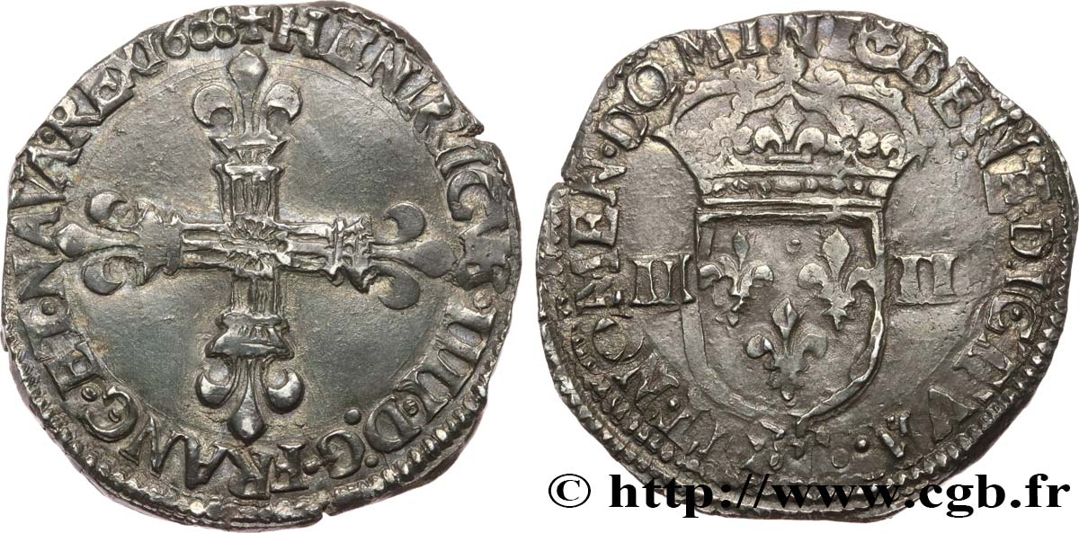 HENRY IV Quart d écu, croix bâtonnée et fleurdelisée de face 1608 Nantes XF