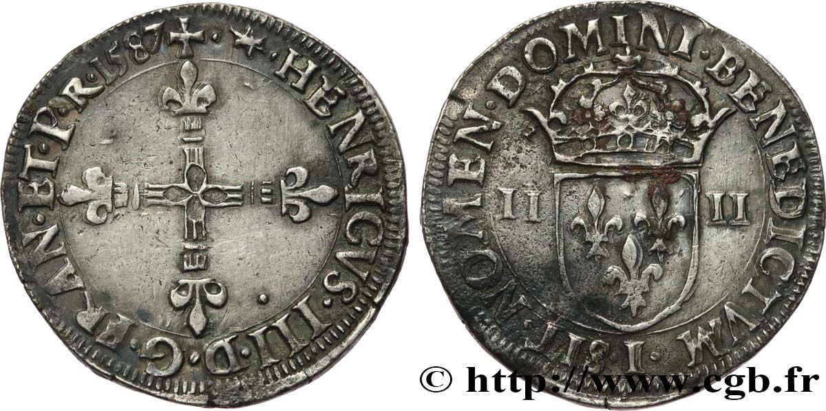 HENRI III Quart d écu, croix de face 1587 Limoges TTB+