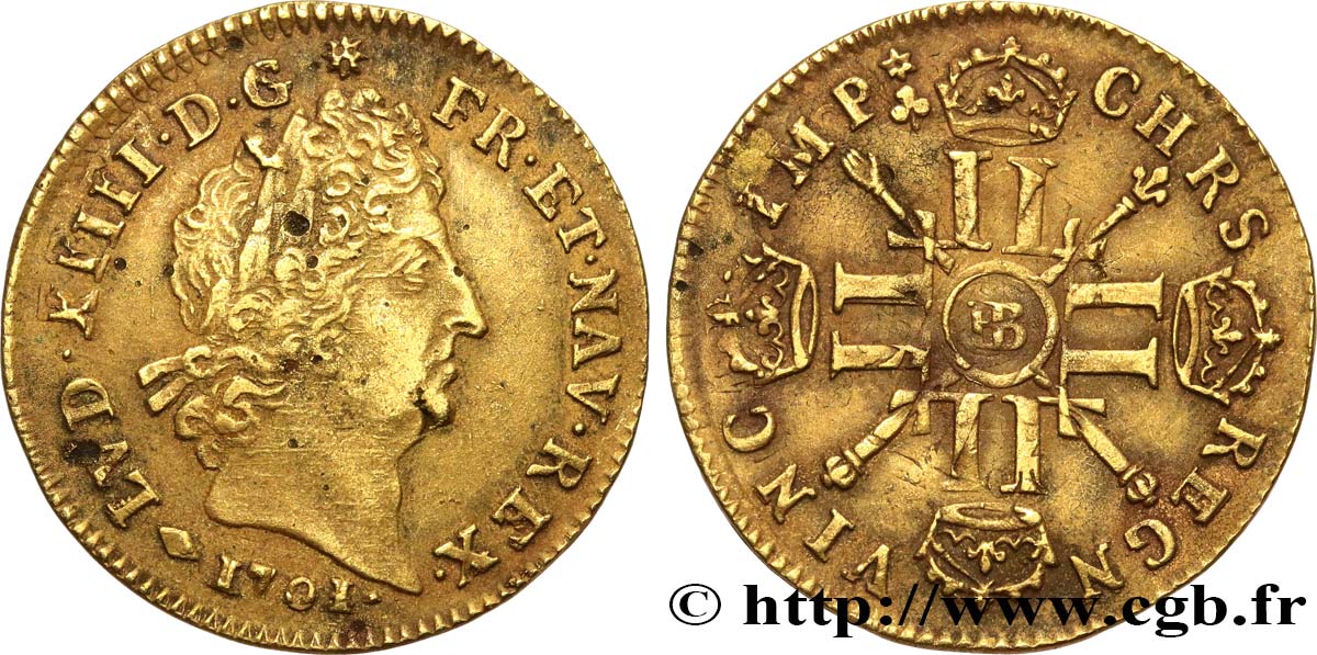 LOUIS XIV  THE SUN KING  Louis d’or aux huit L et aux insignes 1701 Strasbourg XF