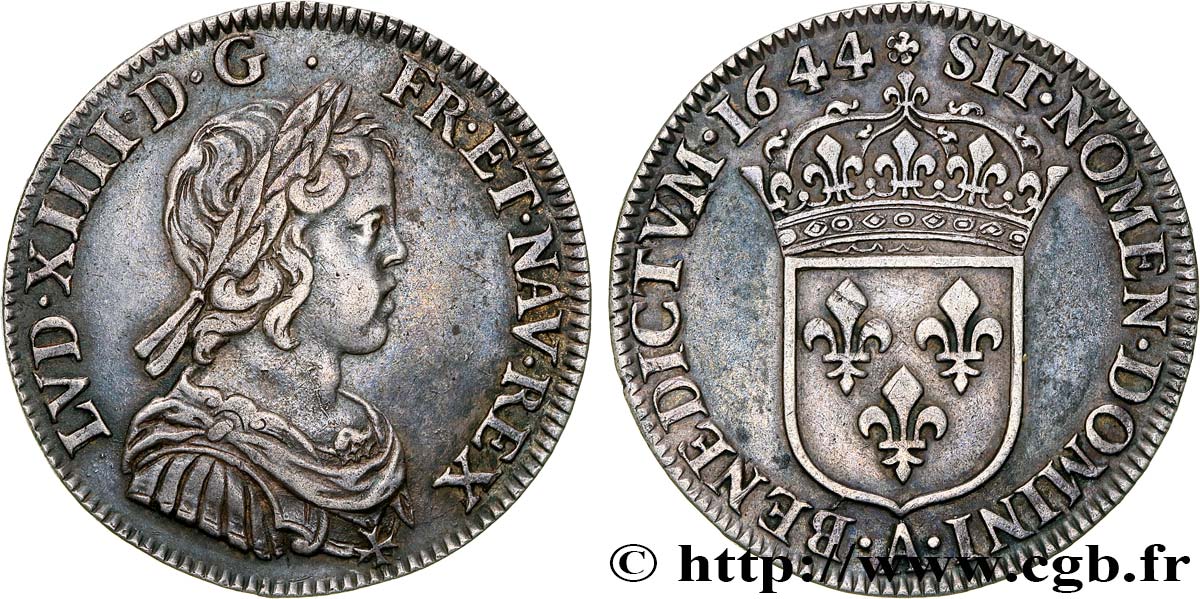 LOUIS XIV  THE SUN KING  Quart d écu, portrait à la mèche courte 1644 Paris, Monnaie de Matignon AU/AU