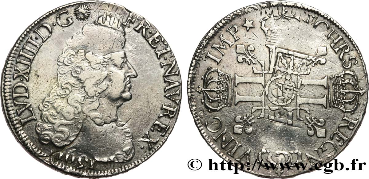 LOUIS XIV  THE SUN KING  Écu aux huit L, 1er type 1691 Limoges AU