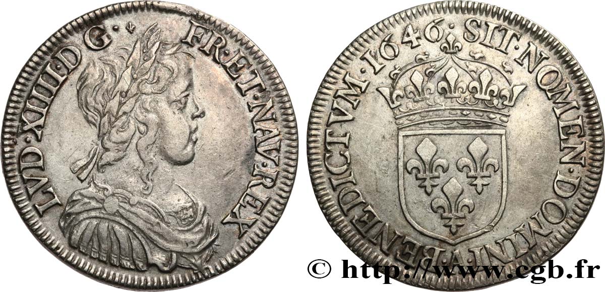 LOUIS XIV LE GRAND OU LE ROI SOLEIL Demi-écu, portrait à la mèche longue 1646 Paris, Monnaie de Matignon TTB/TTB+
