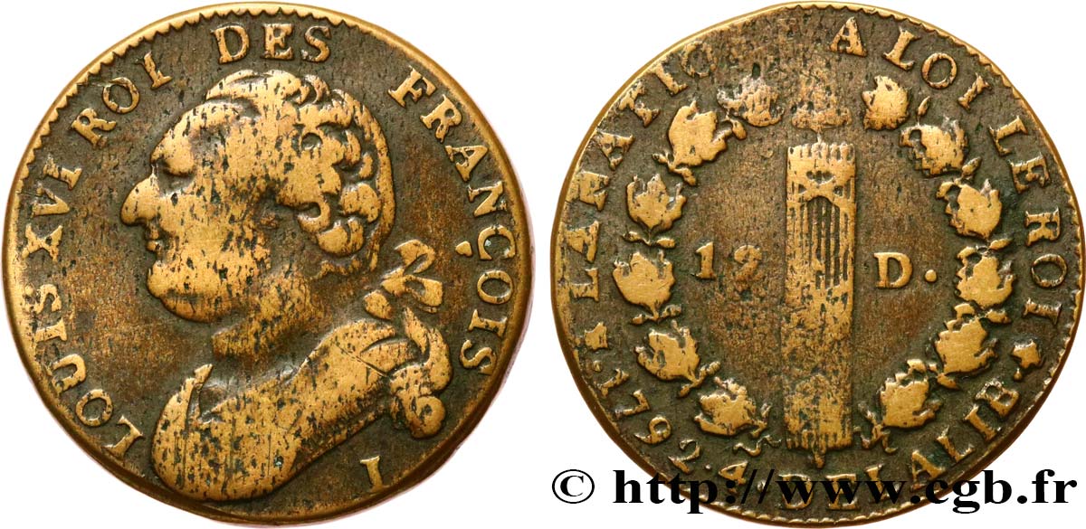 LOUIS XVI (MONARQUE CONSTITUTIONNEL) 12 deniers dit au faisceau , type FRANÇOIS 1792 Limoges TB+