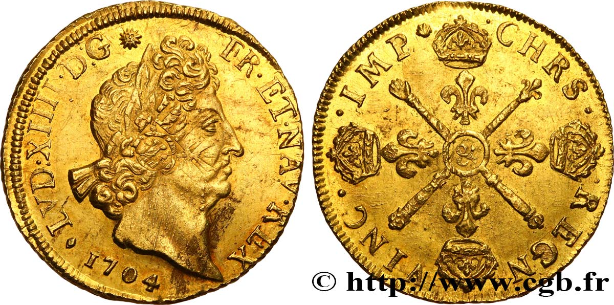 LOUIS XIV  THE SUN KING  Double louis d or aux insignes, portrait aux cheveux courts 1704 Aix-en-Provence AU