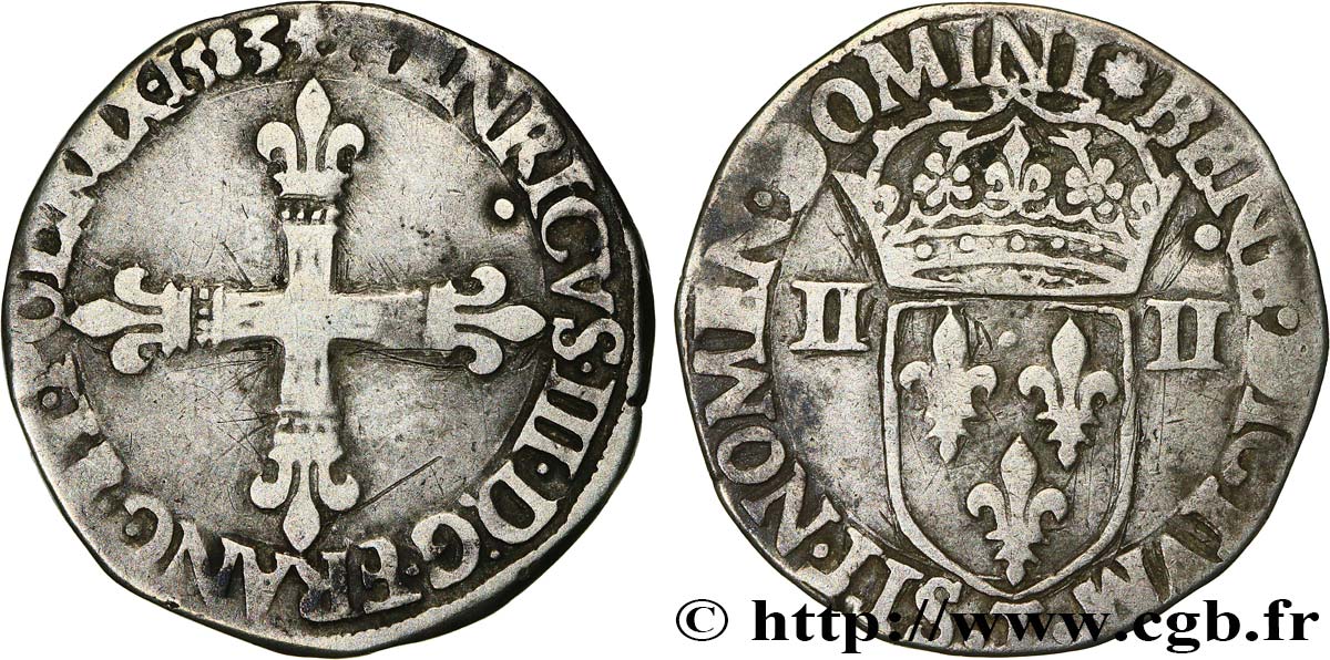 HENRI III Quart d écu, croix de face 1583 Nantes TB+
