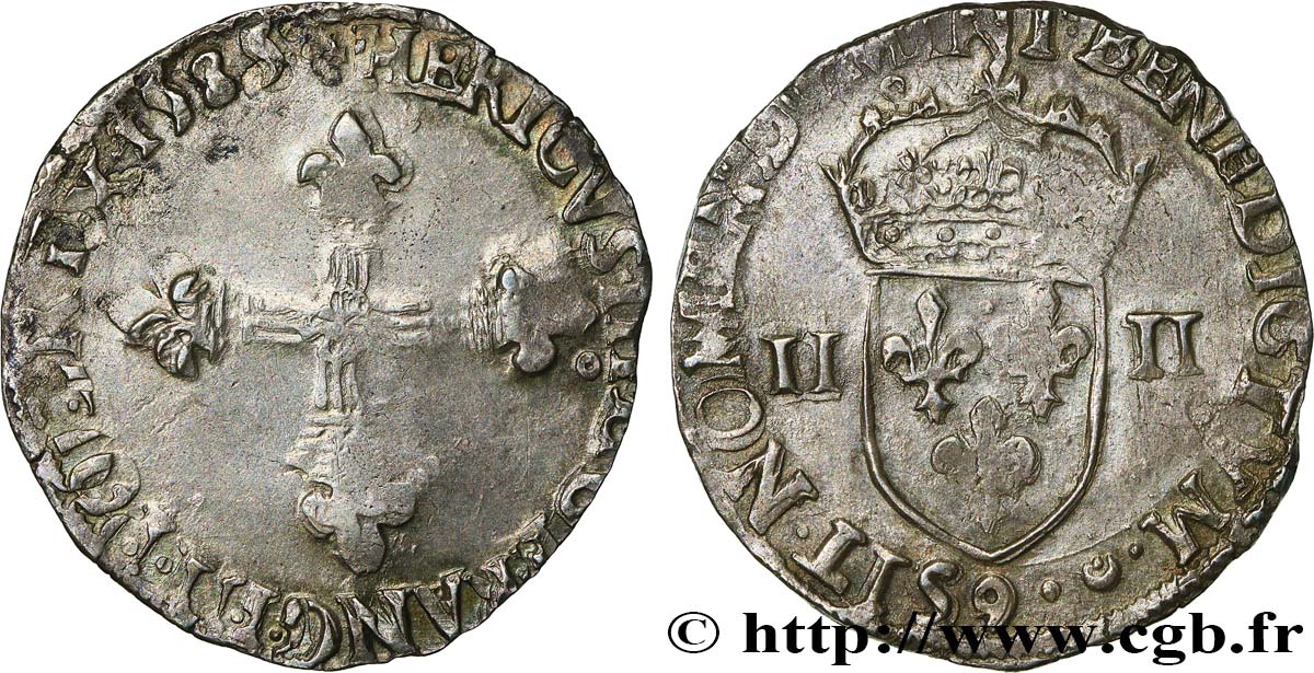 HENRI III Quart d écu, croix de face 1585 Rennes TB+