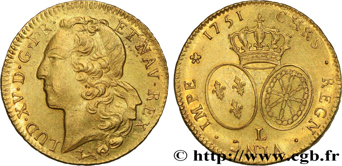 LOUIS XV  THE WELL-BELOVED  Double louis d’or aux écus ovales, tête ceinte d’un bandeau 1751 Bayonne VZ