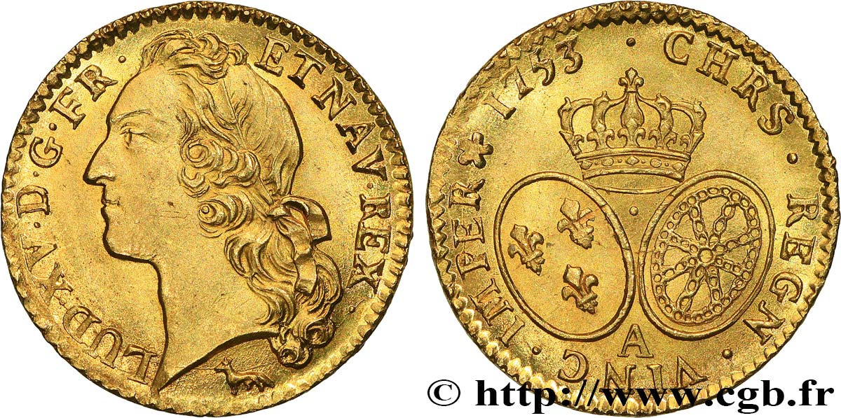 LOUIS XV  THE WELL-BELOVED  Louis d’or aux écus ovales, tête ceinte d’un bandeau 1753 Paris MS