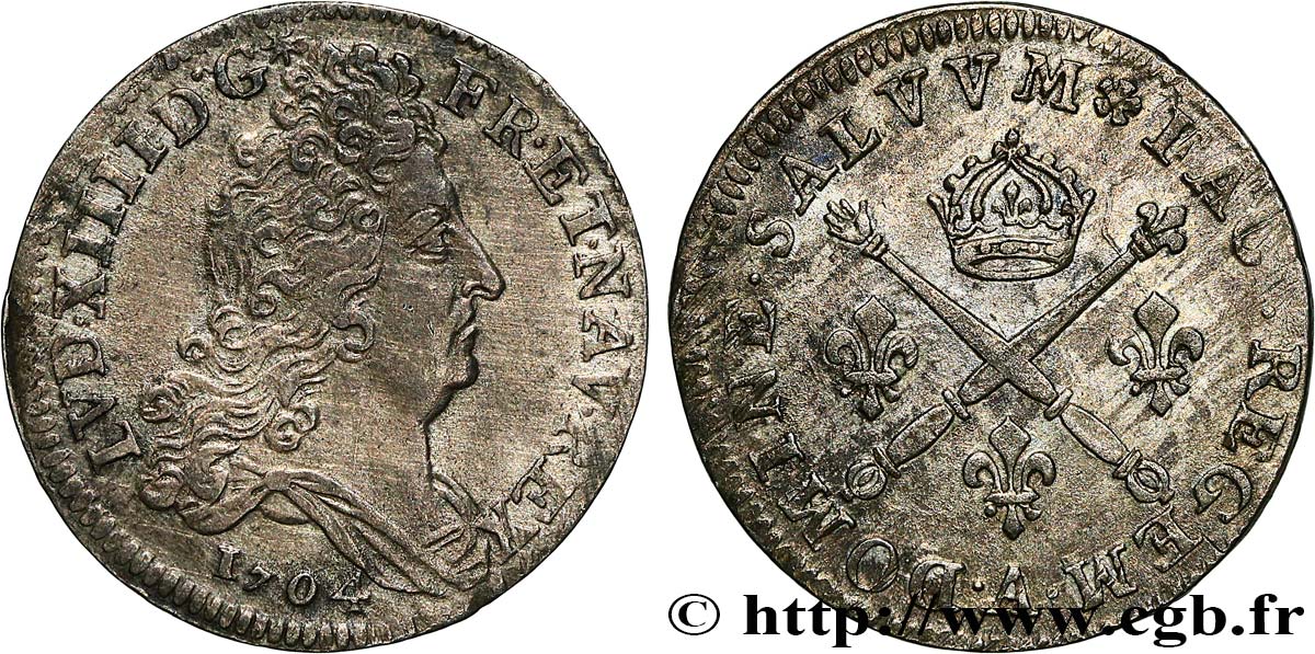 LOUIS XIV  THE SUN KING  10 sols aux insignes 1704 Paris AU