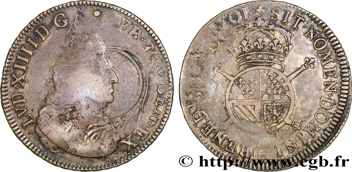 LOUIS XIV  THE SUN KING  Écu de Flandre aux insignes 1701 Lille q.BB