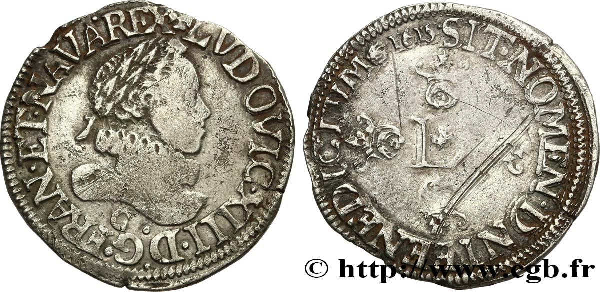LOUIS XIII  Demi-franc au grand buste lauré et au col fraisé 1615 Saint-Lô q.BB/BB