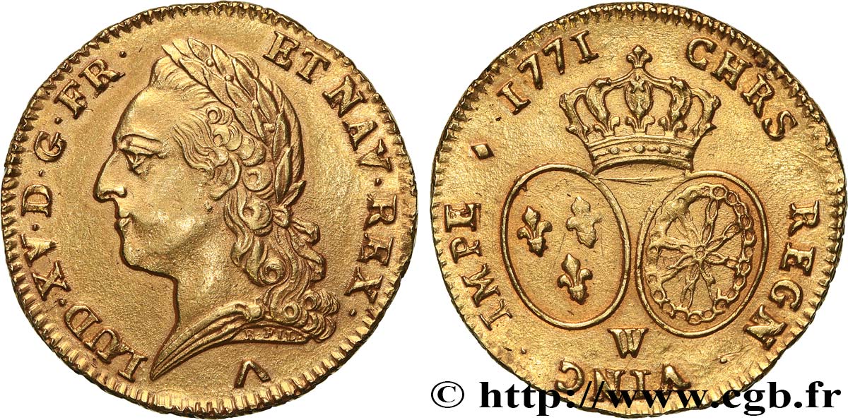 LOUIS XV  THE WELL-BELOVED  Double louis d or aux écus ovales, buste lauré 1771 Lille VZ
