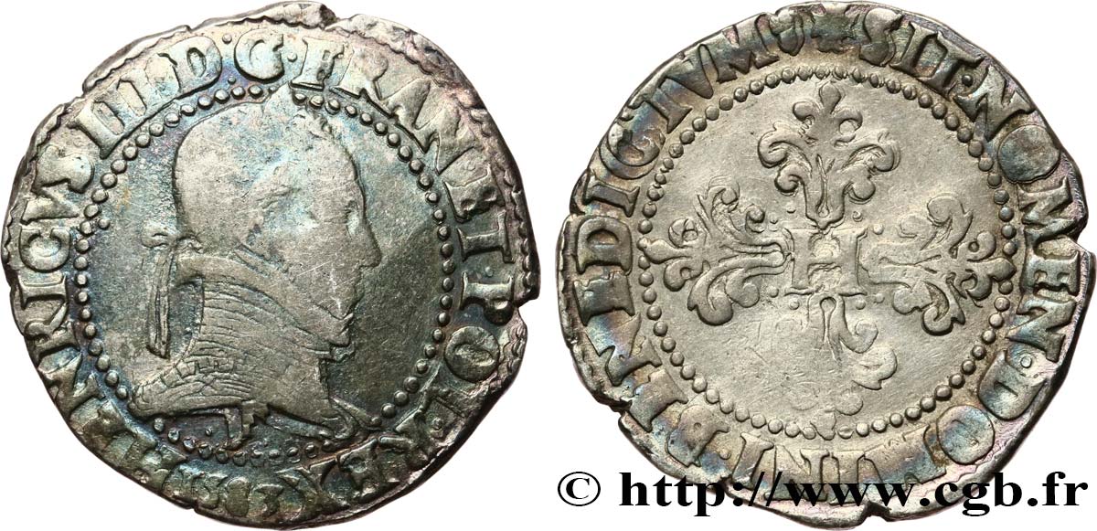 HENRI III Franc au col plat 1583 Angers TB+/TTB