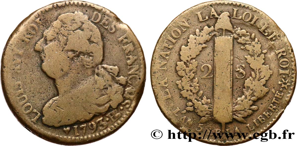 LOUIS XVI (MONARQUE CONSTITUTIONNEL) 2 sols dit au faisceau , type FRANÇAIS 1793 Strasbourg TB+
