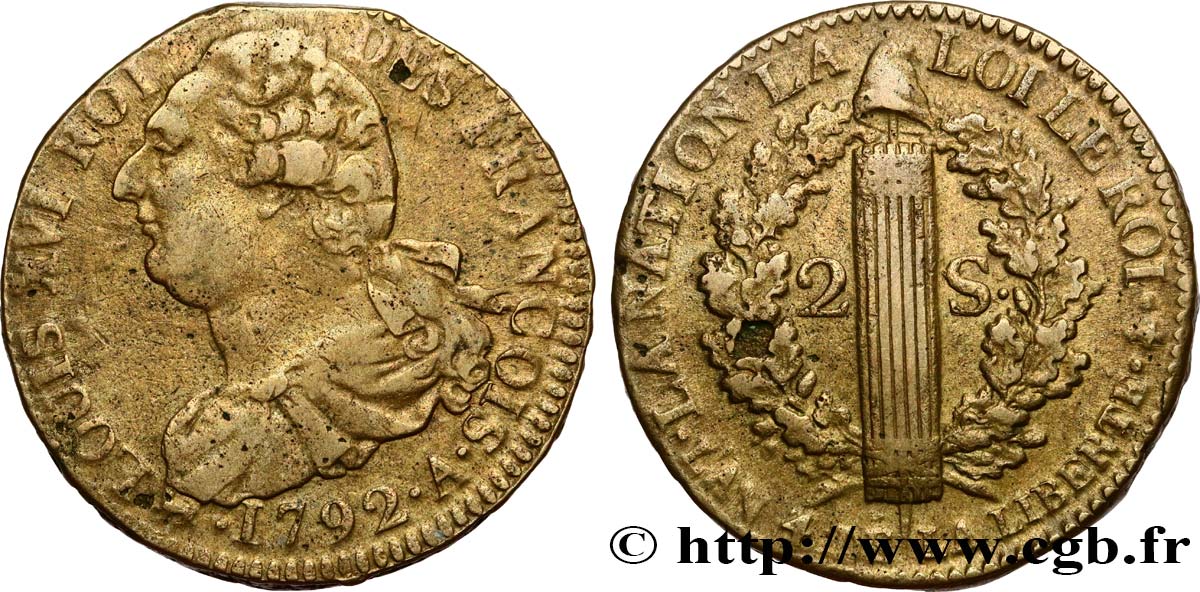 LOUIS XVI (MONARQUE CONSTITUTIONNEL) 2 sols dit au faisceau , type FRANÇOIS 1792 Paris TTB