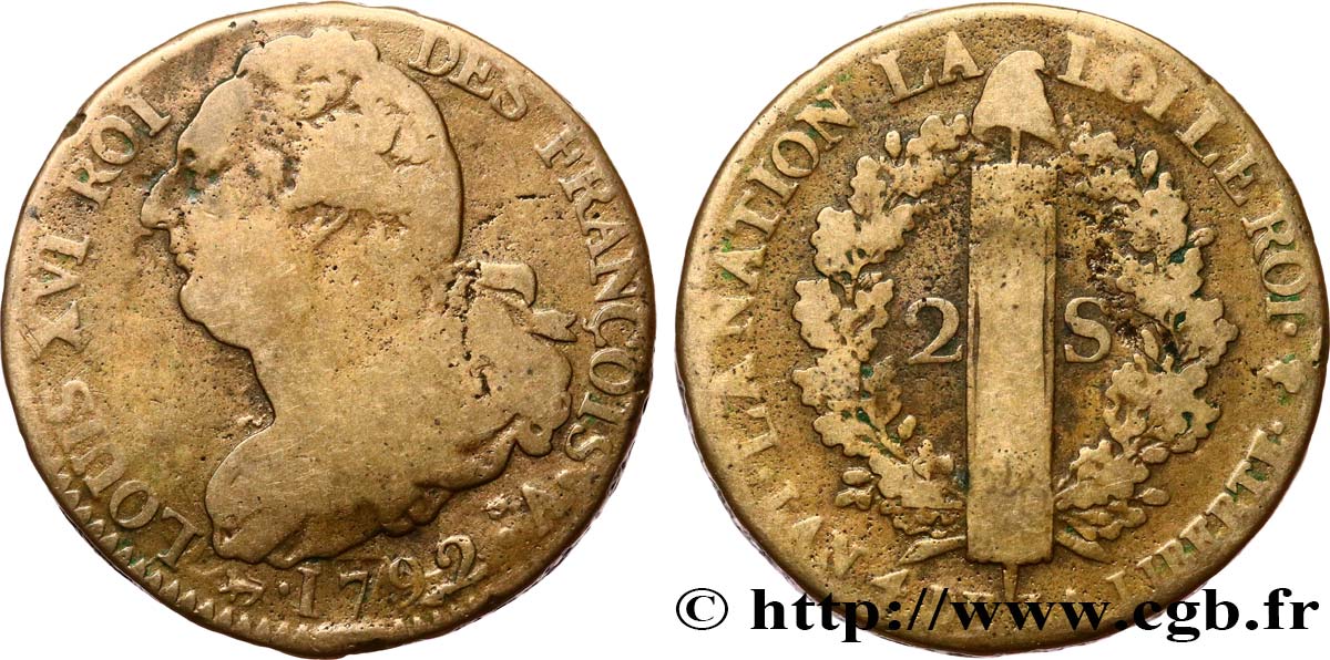LOUIS XVI (MONARQUE CONSTITUTIONNEL) 2 sols dit au faisceau , type FRANÇOIS 1792 Paris TB