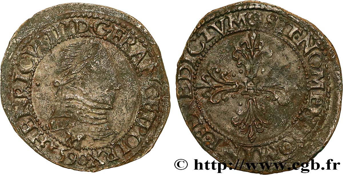 LA LIGUE. MONNAYAGE AU NOM D HENRI III Quart de franc au col plat 1590  Toulouse TTB