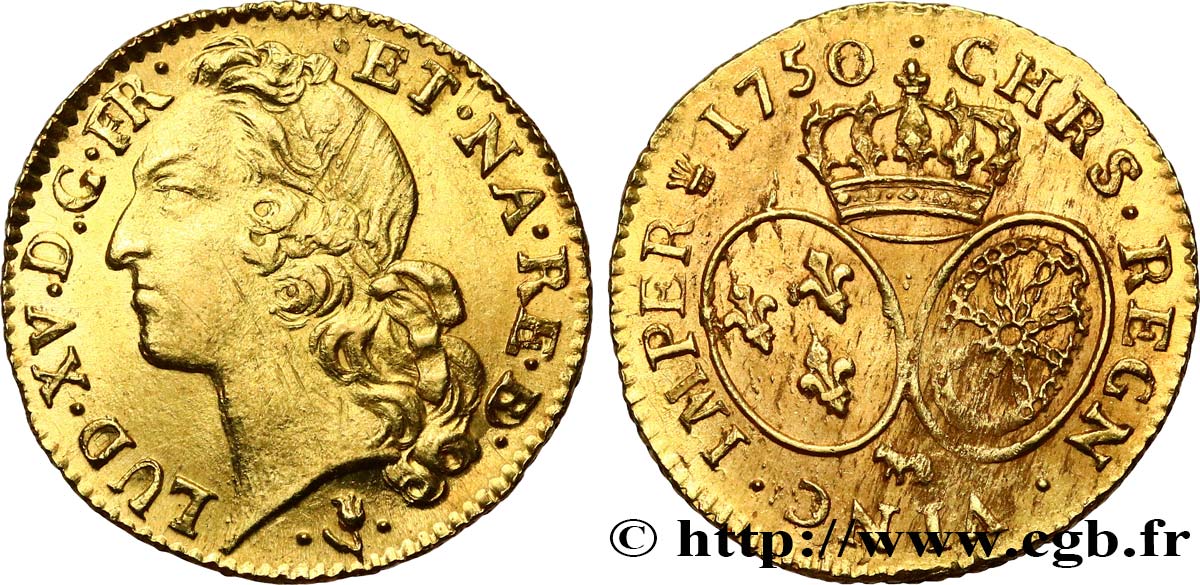 LOUIS XV THE BELOVED Louis d’or aux écus ovales, tête ceinte d’un bandeau 1750 Pau AU