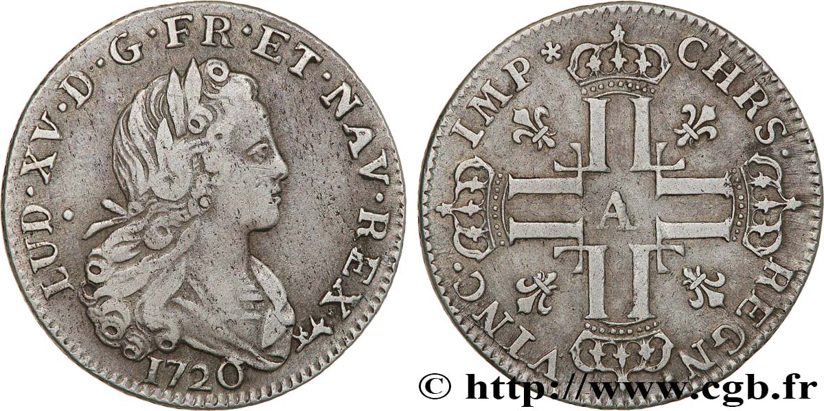 LOUIS XV THE BELOVED Louis d’argent à la croix aux huit L couronnées 1720 Paris XF