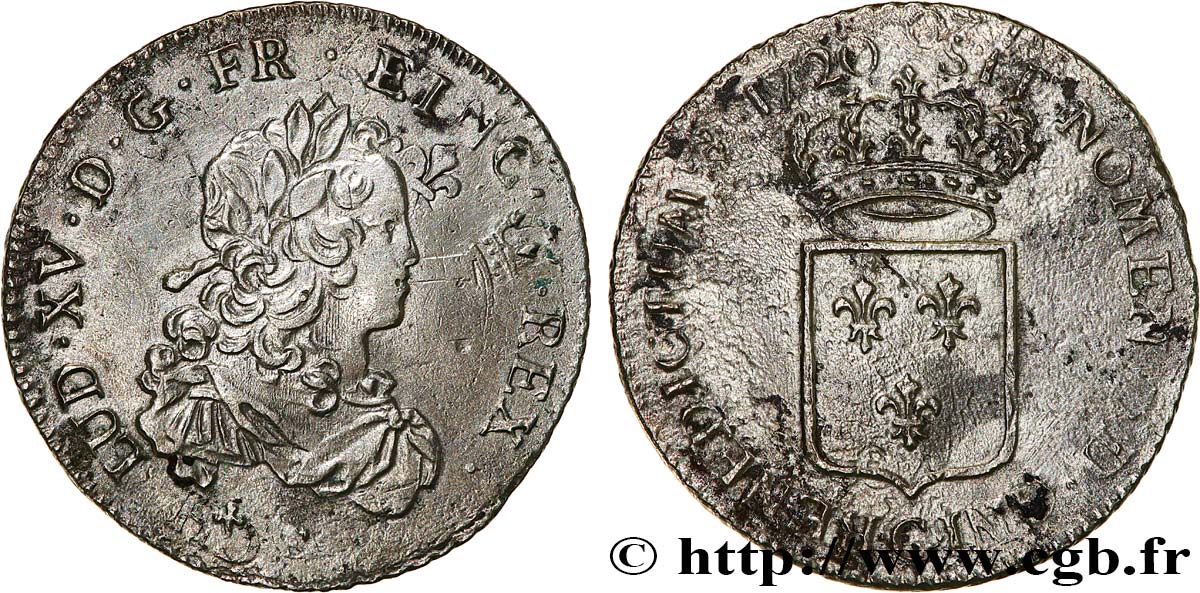 LOUIS XV  THE WELL-BELOVED  Tiers d écu de France 1720 Poitiers XF/VF