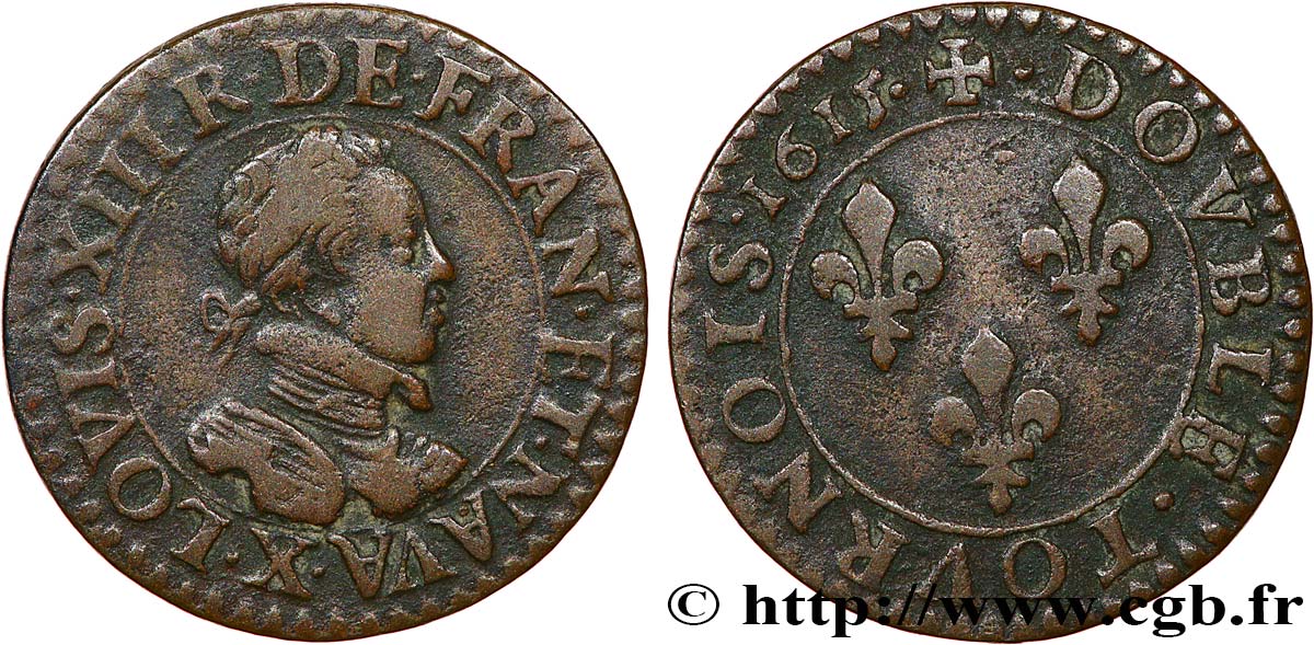 LOUIS XIII LE JUSTE Double tournois, type 2 1615 Amiens TTB
