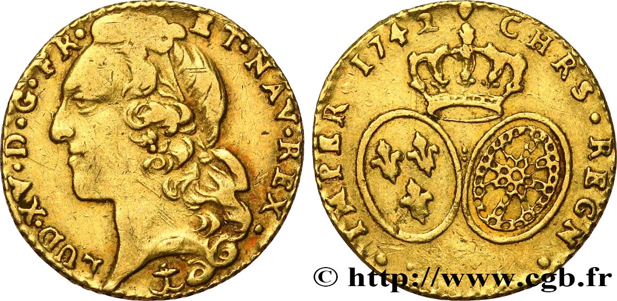LOUIS XV  THE WELL-BELOVED  Demi-louis d’or aux écus ovales, tête ceinte d’un bandeau 1742 Aix-en-Provence BB