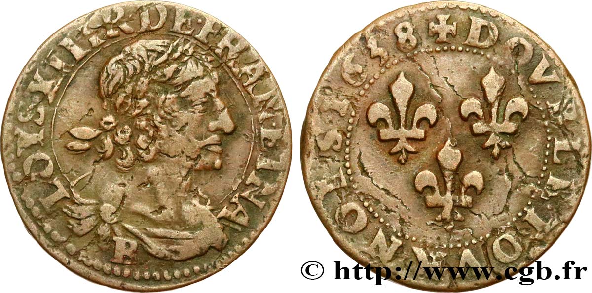 LOUIS XIII Double tournois, type 1 1638 Rouen XF
