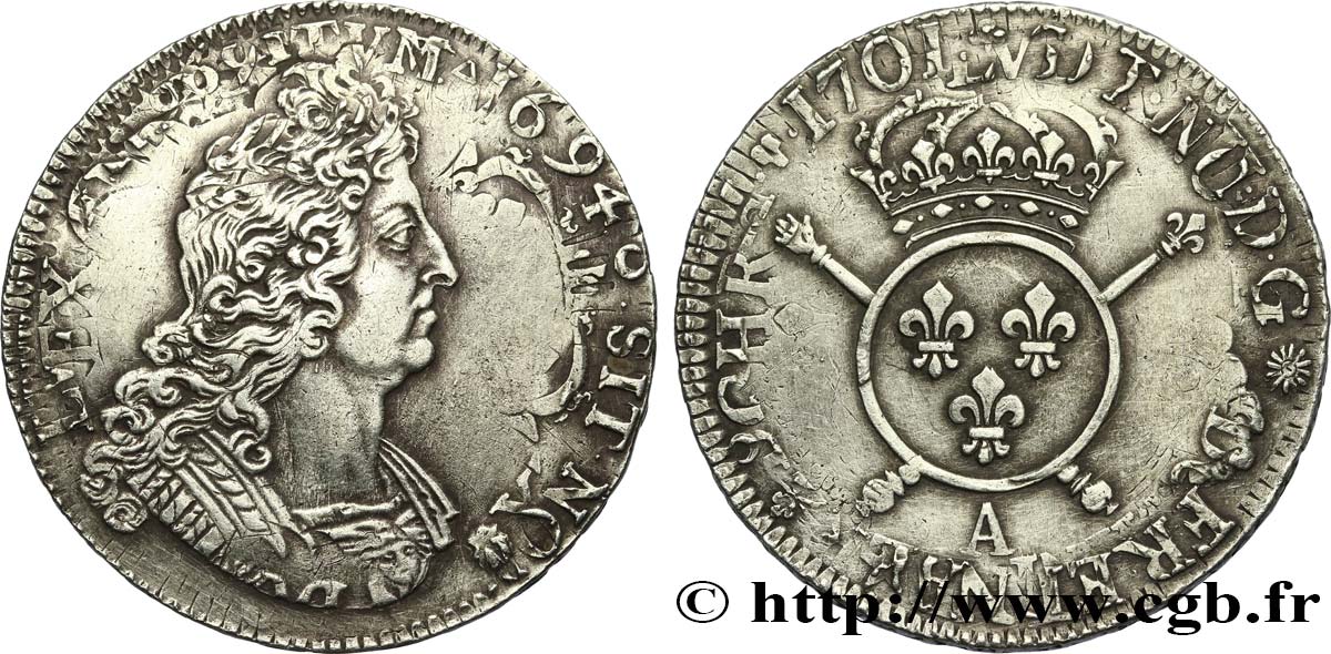 LOUIS XIV  THE SUN KING  Écu aux insignes 1701 Paris XF