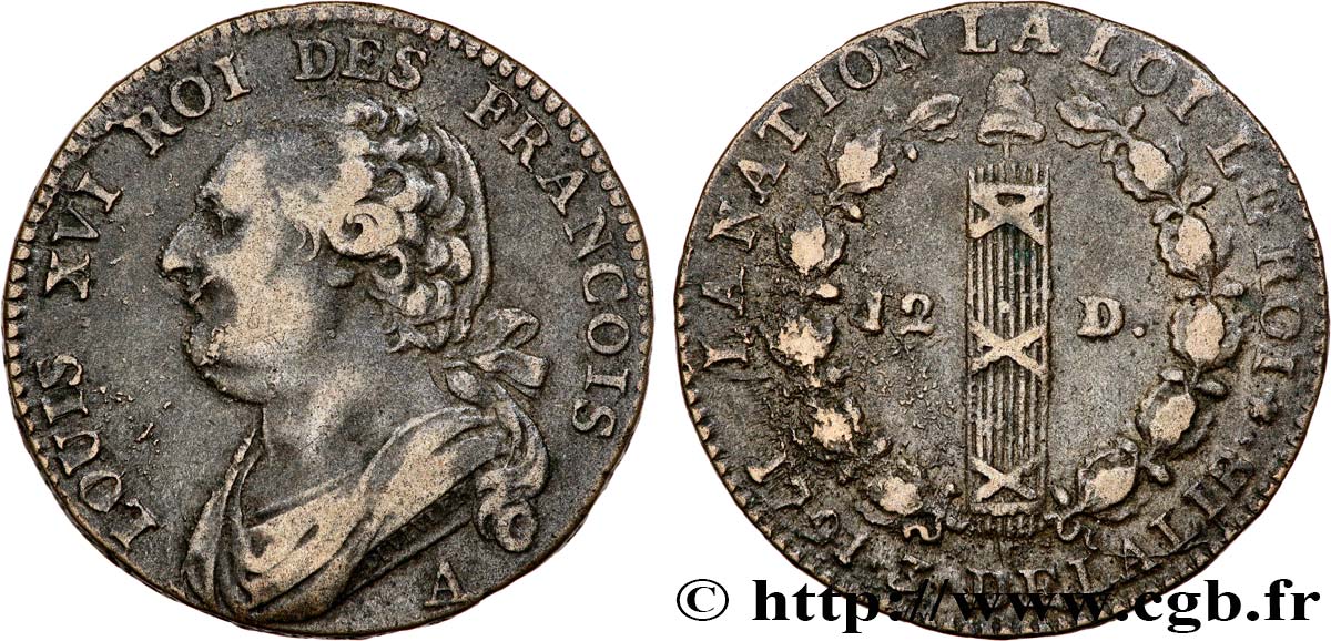 LOUIS XVI (MONARQUE CONSTITUTIONNEL) 12 deniers dit au faisceau , type FRANCOIS 1791 Paris TTB