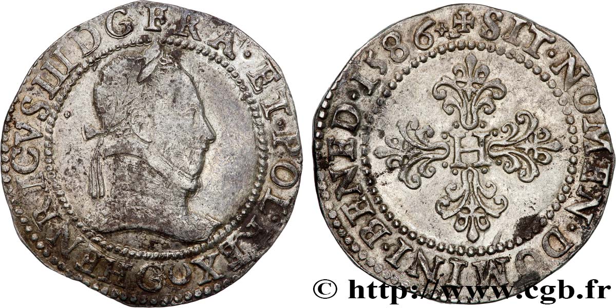 LA LIGUE. MONNAYAGE AU NOM D HENRI III Franc au col plat 1586 (1591-1592) Poitiers TTB