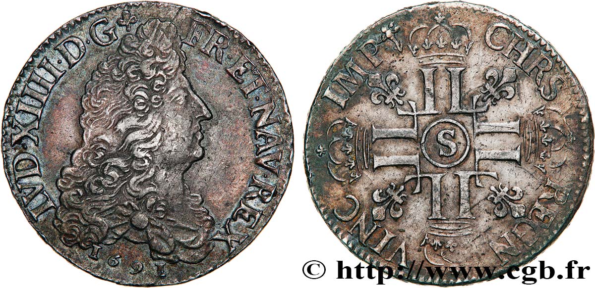 LOUIS XIV  THE SUN KING  Écu aux huit L, 1er type 1691 Reims MBC+