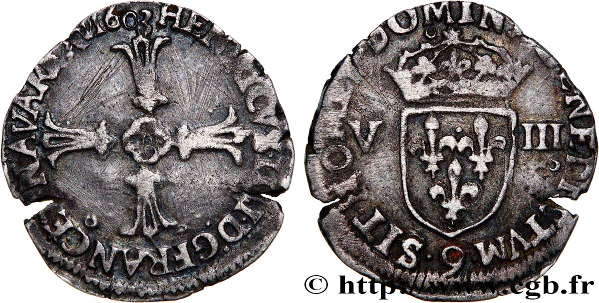 HENRI IV LE GRAND Huitième d écu, croix feuillue de face 1603 Rennes TTB